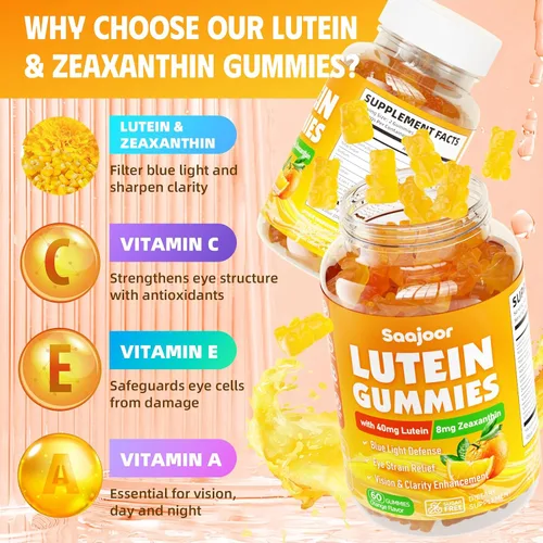 Vista 4 de Gomitas de luteína y zeaxantina, suplemento vitamínico para ojos con 40 mg de luteína y 8 mg de zeaxantina para apoyar la salud macular, la visión