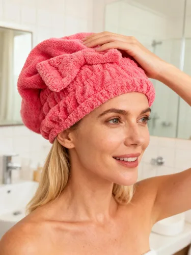 Vista 3 de Toallas de microfibra para secar el cabello con gorro de ducha con nudo de lazo, turbante para el cabello, gorro de baño para cabello rizado, corto