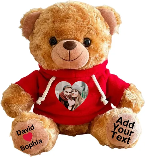 Vista 14 de Oso de peluche personalizado con fecha de texto de imagen, juguetes de peluche personalizados de 11 pulgadas, regalo para novia, novio, cumpleaños