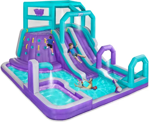 Vista 11 de SUNNY & FUN Mega Climb N' Go - Parque acuático inflable con dos toboganes Heavy-Duty Oxford Blow-Up Water Park for Kids Backyard with Deep Splash