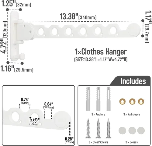 Vista 5 de Danpoo Tendedero de ropa plegable montado en la pared Estante de secado de ropa Percha de ropa Secadora de ropa Blanco