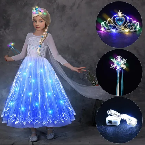 Vista 4 de Latocos Disfraz de Elsa de Frozen iluminado para niñas, ropa de princesa para niñas pequeñas, cumpleaños, Halloween, cosplay
