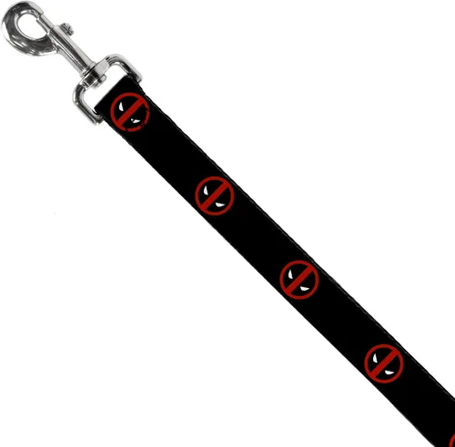 Vista 2 de Buckle-Down Correa para mascotas – Deadpool Logo Negro/Rojo/Blanco – 4 pies de largo – 1 pulgada de ancho
