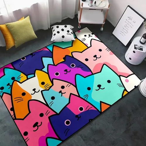 Vista 17 de Alfombra de gato para habitación de niñas, diseño de dibujos animados, decoración para dormitorio, bonita alfombra de área de gatos, alfombras