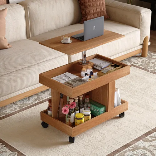 Vista 24 de Mesa auxiliar elevable con almacenamiento, moderna mesa central de 42 pulgadas con tres paneles de almacenamiento ocultos y estriados, elevación