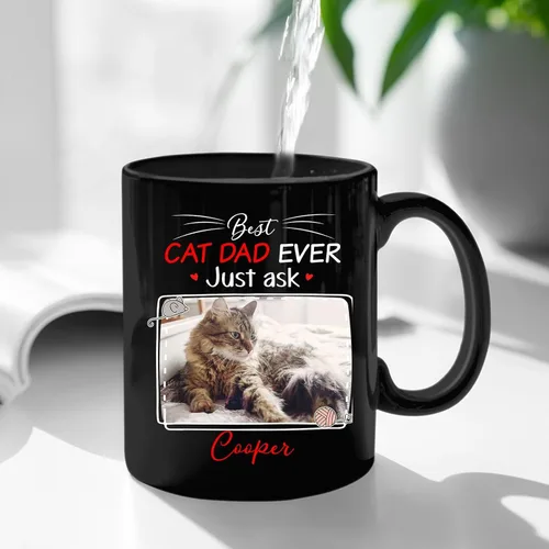 Vista 3 de Taza de café personalizada con nombre y foto de gato, marco de fotos personalizado para gato, taza de café negra de 11 onzas y 15 onzas, taza de té
