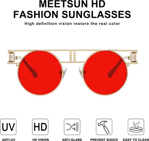 Vista 3 de MEETSUN Gafas de sol redondas estilo gótico steampunk para mujeres y hombres, marco de metal