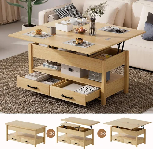 Vista 11 de SYESWAY Mesa de Centro Elevable de 39.4" con Estación de Carga, Mesa de Centro Multifuncional 4 en 1 con Almacenamiento y Compartimentos Ocultos