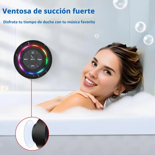 Vista 2 de Altavoz de ducha Bluetooth impermeable IP67, mini altavoz inalámbrico pequeño Bluetooth, altavoz portátil con ventosa, LED y micrófono para baño