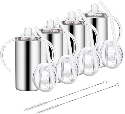 Vista 9 de Vasos para sorber de acero inoxidable de 12 onzas para niños pequeños con asas, a prueba de derrames, doble pared aislada al vacío, vasos de paja