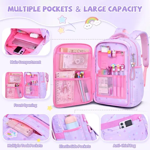 Vista 2 de Mochilas para niñas, escuela, lindas mochilas para niños, con lonchera aislada, juego para la escuela primaria, púrpura (Star Purple), Mochila