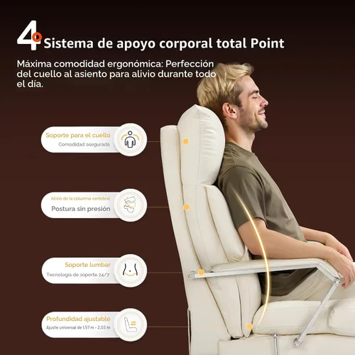 Vista 6 de OKUP M76 - Silla de oficina ejecutiva reclinable de 160° con reposapiés, silla de oficina de cuero con profundidad de asiento ajustable, cojín Crema