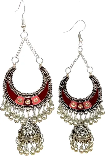 Vista 2 de DESI HAWKER pendiente de plata oxidada Bali Jhumki Jhumka joyería Bollywood gota cuelga Afgani Chandbali Chandelier NI-106