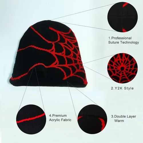 Vista 6 de Y2k Beanie para mujer, gorro de tela de araña Y2k, regalo ideal para el invierno