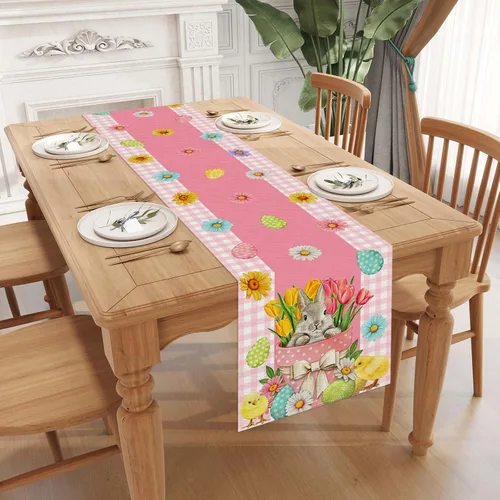 Vista 3 de Camino de mesa de Pascua a cuadros de búfalo rosa y blanco, huevo de Pascua, conejito, margarita, tulipán, decoración de mesa floral, primavera