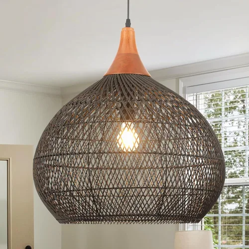 Vista 11 de Luces Colgantes Bohemias, Candelabro de Ratán de 1 Luz de 15.7", Luz Colgante de Mimbre Tejida a Mano con Pantalla de Jacinto de Agua, Luz Colgante
