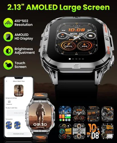 Vista 5 de Joautrial Reloj inteligente militar para hombre con GPS incorporado con linterna LED y brújula, relojes inteligentes tácticos AMOLED de 2.13