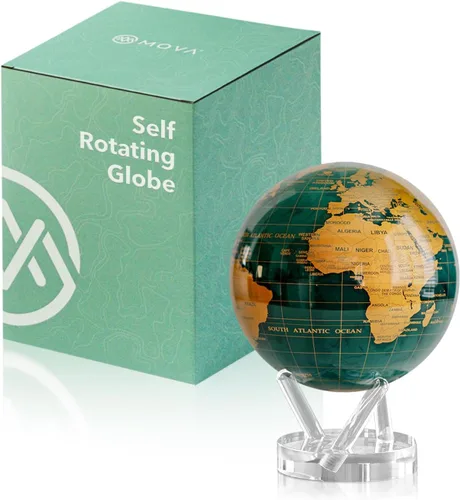 Vista 10 de MOVA Globe - Verde esmeralda y dorado clásico (4.5 pulgadas) Movimiento alimentado por energía solar Sin baterías Regalo para escritorio