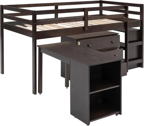 Vista 8 de Harper & Bright Designs Twin Low Loft Bed with Storage Cabinet and Rolling Portable Desk, Kids Twin Loft Bed with Bookshelf & Safety Guardrail and