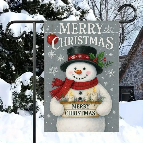 Vista 11 de Bandera de jardín de Navidad ActFirst de 12 x 18 pulgadas, bandera de muñeco de nieve de familia de Navidad Feliz con árbol, pequeña decoración