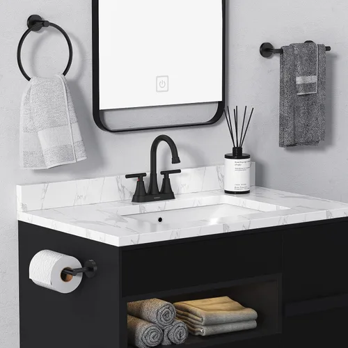 Vista 8 de Hurran - Grifos de baño para fregadero de 3 agujeros, juego central de 4 pulgadas y grifo de lavabo de baño negro mate con drenaje emergente, grifo