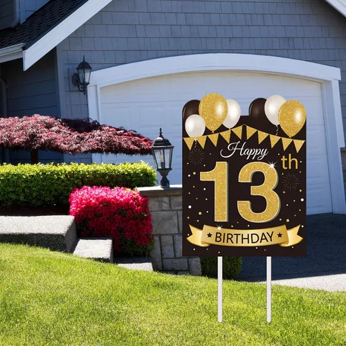 Vista 5 de Letrero grande de patio para fiesta de feliz cumpleaños número 13, negro dorado, letreros de patio de cumpleaños 13 con estacas y decoraciones