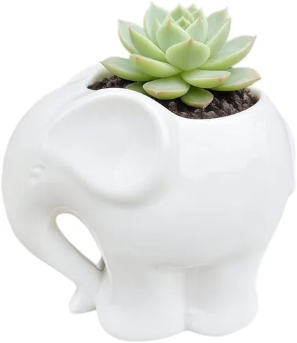 Vista 2 de Maceta de cerámica con forma de elefante, bonito recipiente para suculentas/cactus en forma de animal para decoración del hogar (4 pulgadas, blanco)