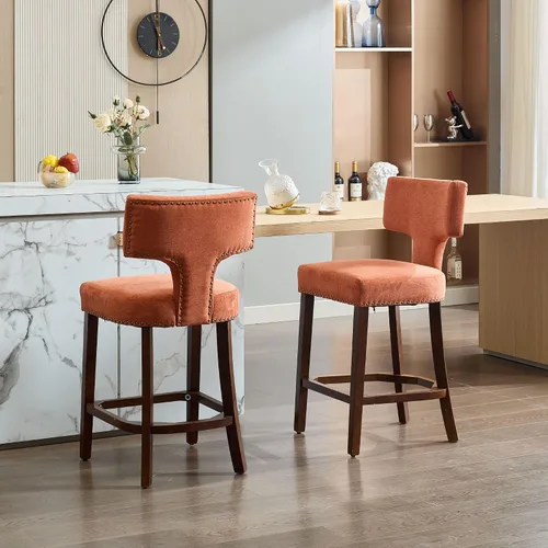 Vista 12 de Set of 2 Counter Height Bar Stools with Farmhouse Linen Upholstery, Curved Backrest Dining Chairs with Hardwood Frame for Kitchen Counter, Table &