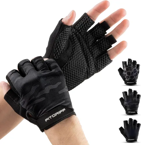 Vista 8 de Fitgriff® Guantes de entrenamiento (acolchados) para hombres y mujeres, guantes de gimnasio sin dedos para levantamiento de pesas, entrenamiento