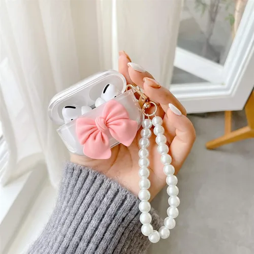 Vista 2 de Funda transparente compatible con AirPods 1 y 2, hermoso diseño de lazo colorido con pulsera de perlas de lujo, ultrafina, funda protectora de RosaA