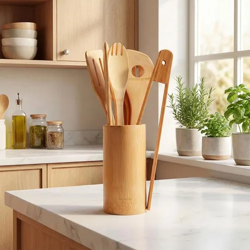 Vista 6 de Naturoom Juego de 8 utensilios de cocina, cuchara de cocina de madera de bambú de 12 pulgadas y espátula, herramientas perfectas para utensilios