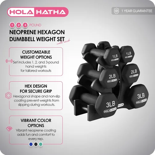 Vista 3 de HolaHatha 1, 2 and 3 lb Neoprene Dumbbell Strength Training Weight Set with Rack