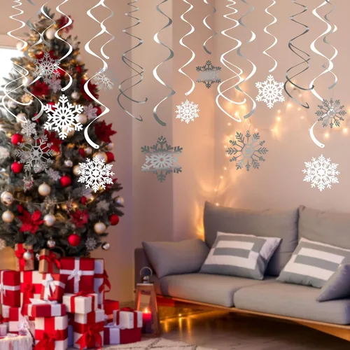 Vista 6 de Decoración de remolino colgante de copo de nieve de Navidad de 42 quilates, serpentinas de plástico para decoración colgante de techo, guirnalda