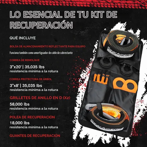 Vista 2 de GearAmerica - Kit de recuperación todoterreno de 9 toneladas, incluye correa de remolque, protector de árboles, polea de bloque de tracción