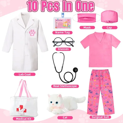 Vista 2 de Latocos 10 piezas de disfraz de veterinario para niños, kit de juego de doctor veterinario para niños pequeños, abrigo de gato para niños y niñas