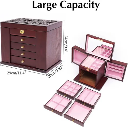 Vista 3 de YIYIBYUS Joyero de madera de 5 capas para mujer con espejo vintage caja de almacenamiento organizador de regalo gabinete de regalo