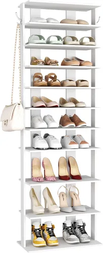 Vista 13 de HOMEFORT Zapatero vertical de 10 niveles, torre de zapatos de esquina, organizador de zapatos delgado con dos ganchos para colgar, soporte