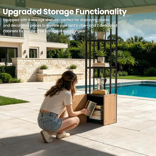 Vista 5 de Gazebo de madera para exteriores de 12 x 20 pies, cenador de techo rígido con doble techo de acero galvanizado, kiosco de patio con patas de madera