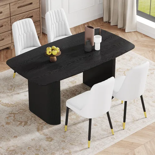 Vista 16 de Juego de mesa de comedor moderno para 4, juego de mesa de comedor negro de 67 pulgadas con mesa ovalada de madera de 3.5 pulgadas de grosor y base