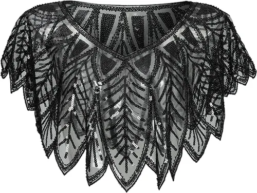 Vista 15 de Chales envolventes para mujer de los años 1920 con lentejuelas y cuentas, chales nupciales estilo flapper, capa de noche A #. Estilo 2-negro y dorado