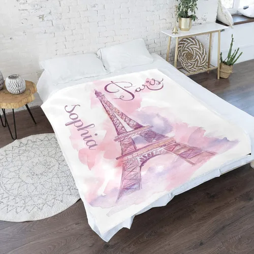 Vista 2 de XOZOTY Manta personalizada con diseño de torre de París en acuarela, para niños, recién nacidos, baby shower, regalo de mascotas, 30 x 40 pulgadas
