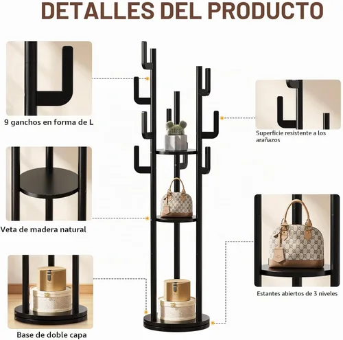Vista 5 de Yoobure Perchero Giratorio Independiente – Árbol de Abrigos de Madera Maciza con 9 Ganchos y 3 Estantes de Almacenamiento para Cartera, Bolsa