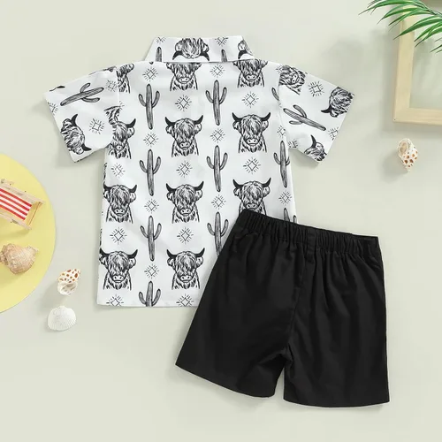 Vista 3 de Conjunto de ropa de verano para bebé, con estampado de vaca, con botones, pantalones cortos de mezclilla, traje de vaquero occidental