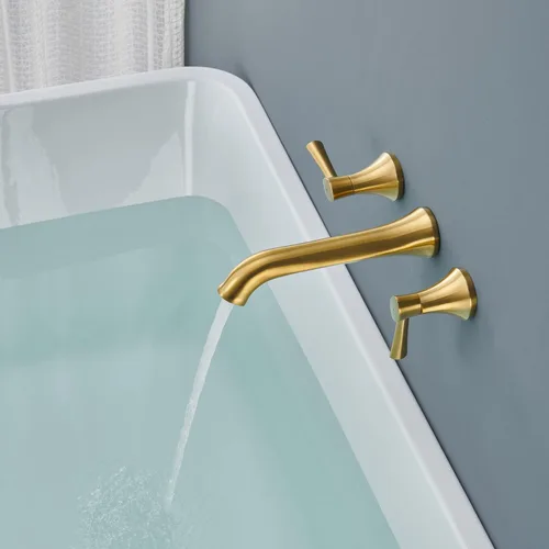 Vista 4 de Llenador de bañera romano de montaje en pared, grifos de bañera de latón dorado cepillado con 2 asas