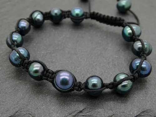Vista 5 de Pulsera ajustable de perlas de pavo real negro para hombres y mujeres, regalo único