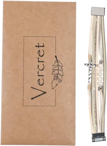 Vista 7 de Vercret - Pulsera de cuero para mujer, pulsera para niña de varias capas, ideal como regalo para mujer, hermana mayor, mamá, etc.