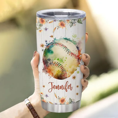 Vista 5 de Hyturtle Regalos personalizados para amantes del béisbol, vaso de acero inoxidable con nombre personalizado de 20 onzas con tapa, idea de regalo