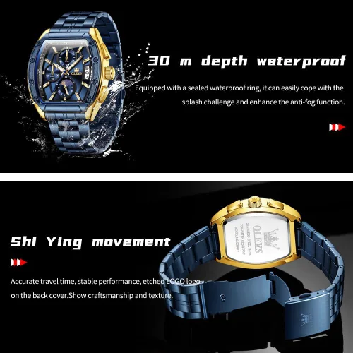 Vista 5 de OLEVS Relojes para Hombres Cronógrafo Impermeable Cara Rectangular Fase Lunar Correa de Acero Inoxidable Relojes de Vestir para Hombres Luminoso