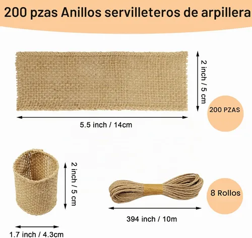 Vista 2 de Juego de 200 servilleteros de arpillera natural con cuerda de yute, servilletas desechables a granel, anillo rústico para mesas, decoraciones