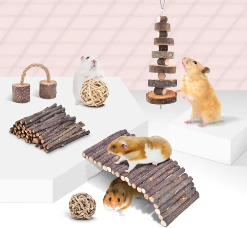 Vista 5 de ERKOON Paquete de 11 juguetes masticables de chinchillas, accesorios para el cuidado de los dientes, rodillo de escalera de madera de manzana